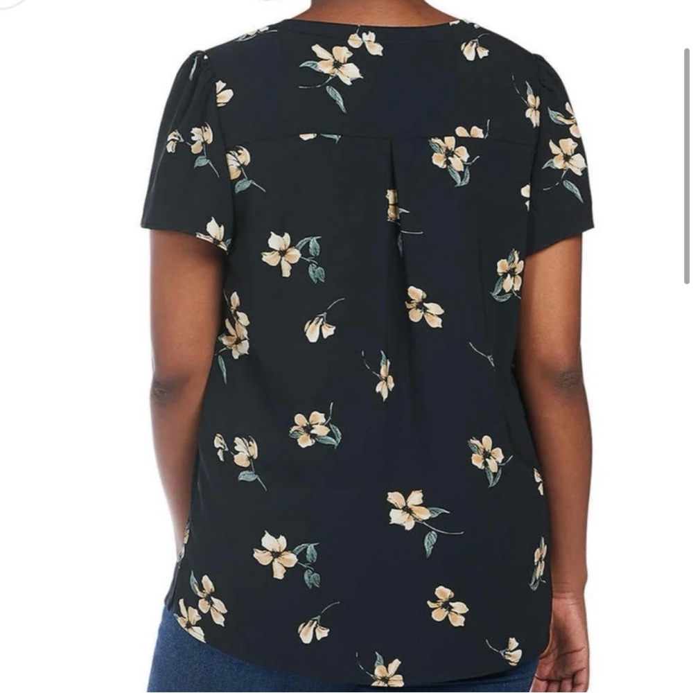 Hilary Radley Navy Floral Blouse, Yellow Flowers, Polyester, Flutter Sleeve Top - Picture 2 of 12